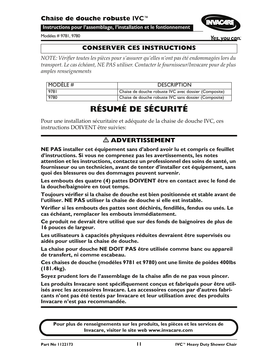 Résumé de sécurité | Invacare IVC Heavy Duty Shower Chair 9780 User Manual | Page 11 / 16