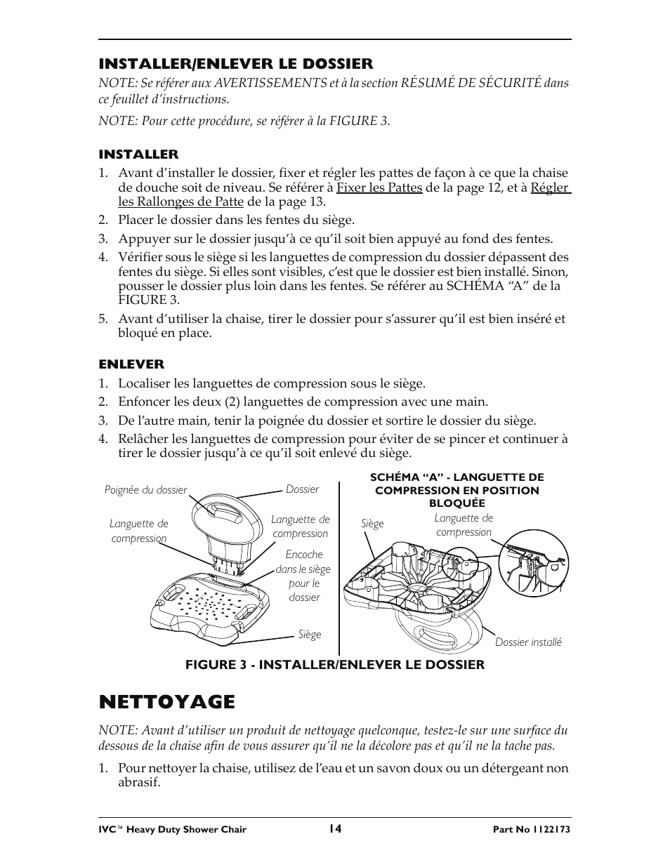 Nettoyage, Installer/enlever le dossier | Invacare IVC Heavy Duty Shower Chair 9780 User Manual | Page 14 / 16