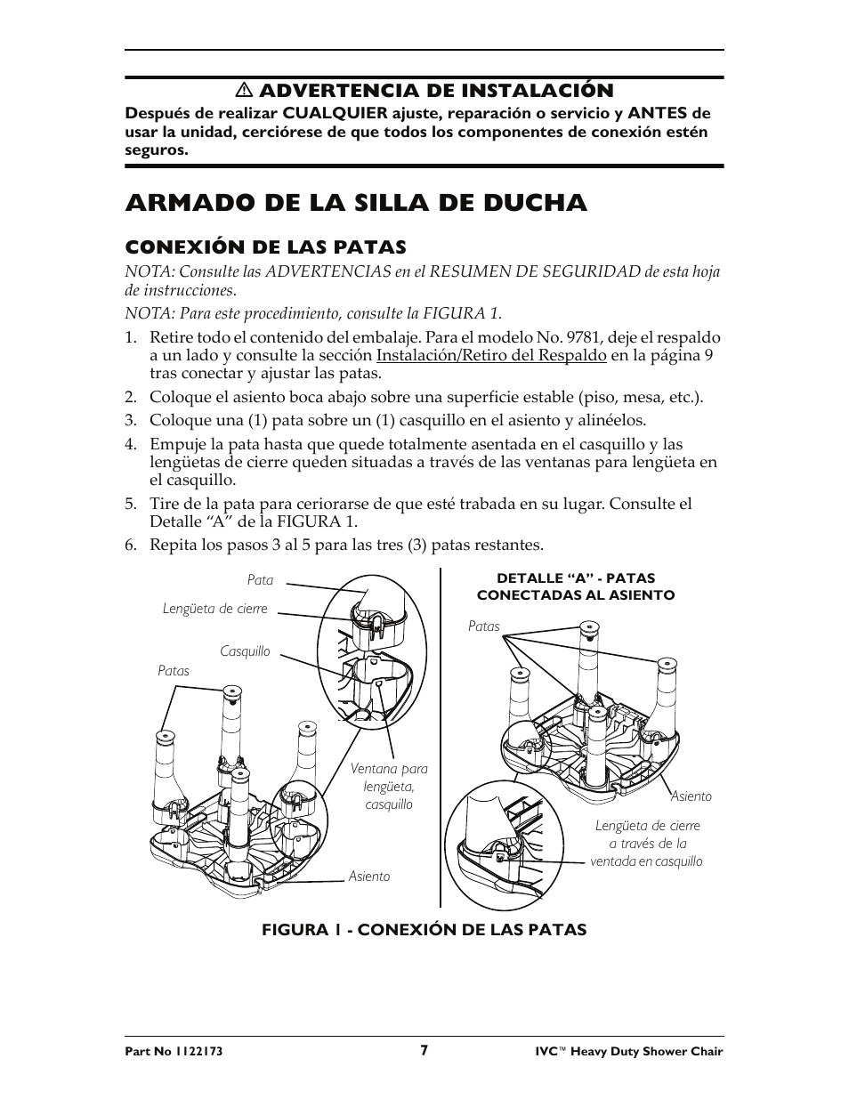 Armado de la silla de ducha | Invacare IVC Heavy Duty Shower Chair 9780 User Manual | Page 7 / 16