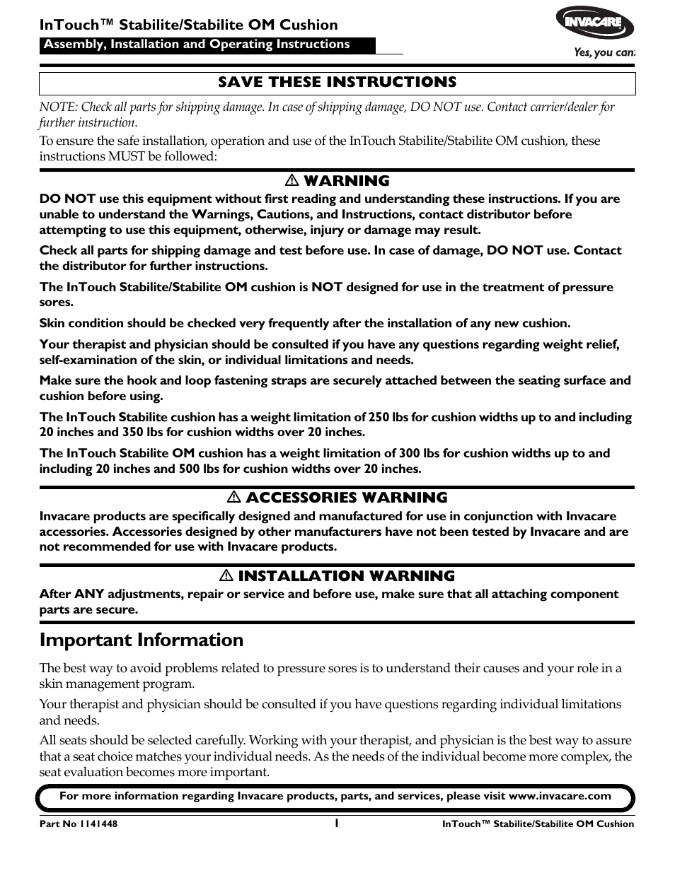 Invacare 1141448 User Manual | 28 pages