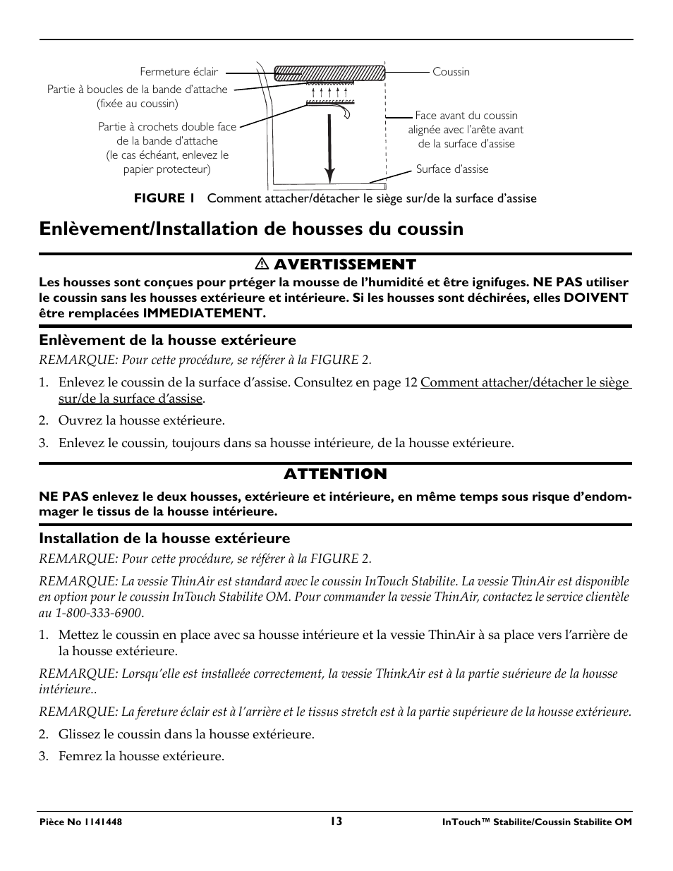 Enlèvement/installation de housses du coussin | Invacare 1141448 User Manual | Page 13 / 28