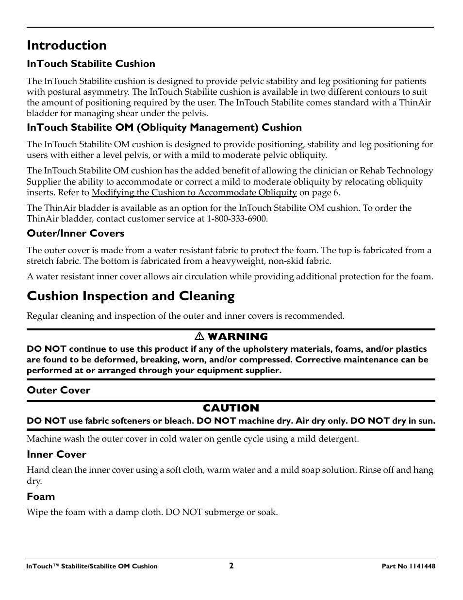 Introduction, Cushion inspection and cleaning | Invacare 1141448 User Manual | Page 2 / 28