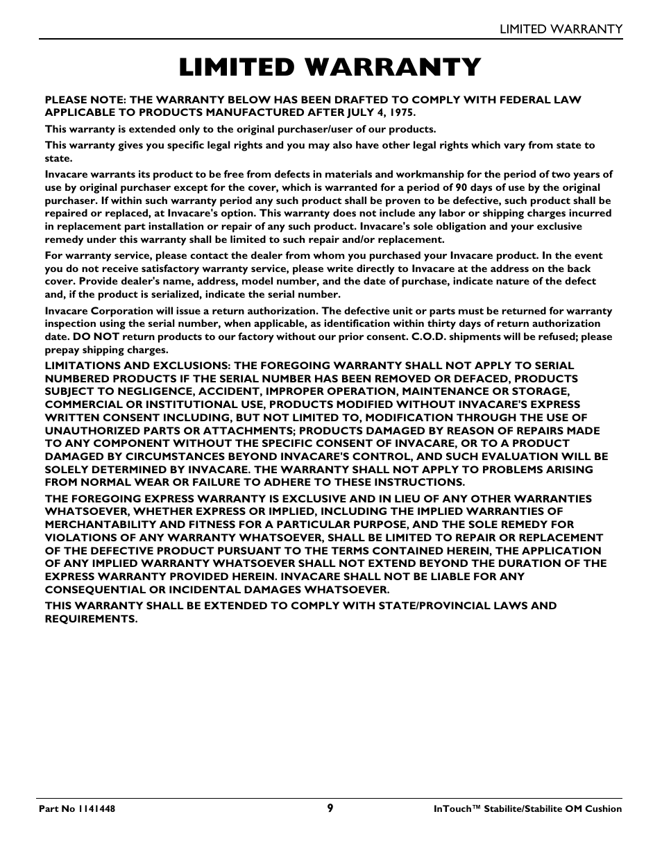 Limited warranty | Invacare 1141448 User Manual | Page 9 / 28