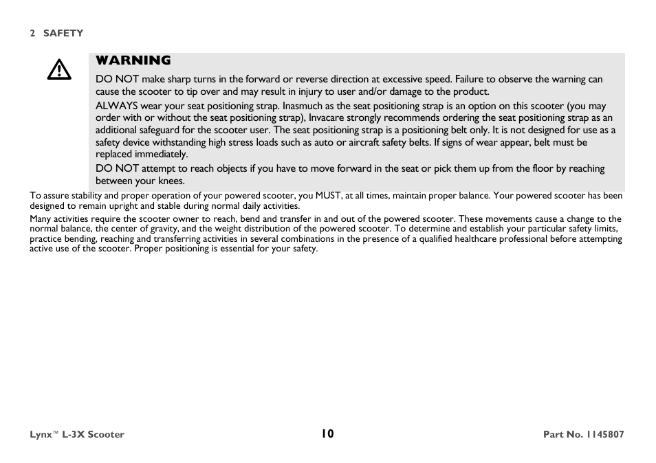 Warning | Invacare Lynx L-3X User Manual | Page 10 / 60