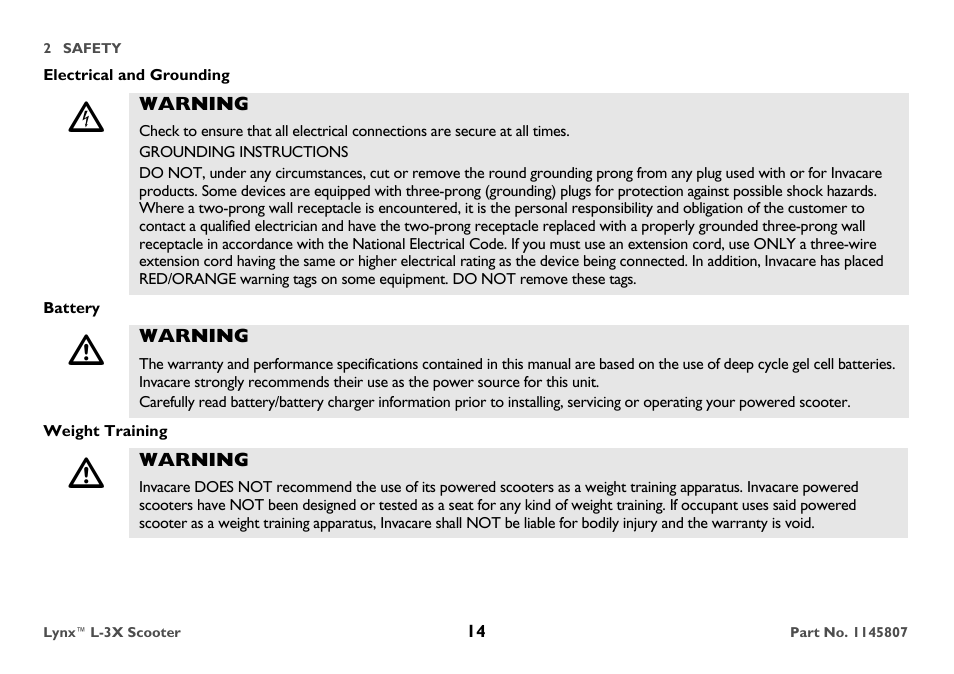 Electrical and grounding, Warning, Grounding instructions | Battery, Weight training | Invacare Lynx L-3X User Manual | Page 14 / 60