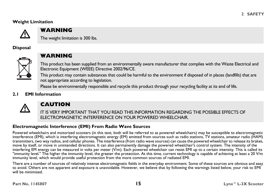 Weight limitation, Warning, The weight limitation is 300 lbs | Disposal, 1 emi information, Caution | Invacare Lynx L-3X User Manual | Page 15 / 60