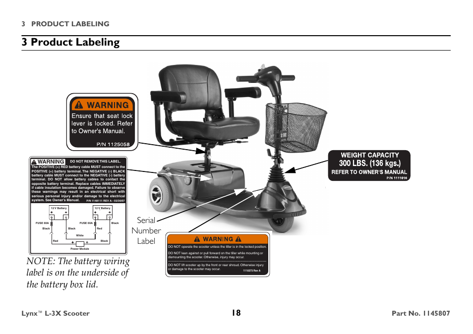 3 product labeling, Serial number label, 3 product labeling lynx™l-3x scooter | Warning | Invacare Lynx L-3X User Manual | Page 18 / 60