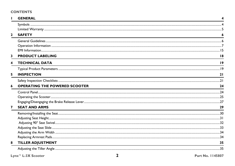 1 general 4, Symbols 4, Limited warranty 5 | 2 safety 6, General guidelines 6, Operation information 7, Emi information 15, 3 product labeling 18, 4 technical data 19, Typical product parameters 19 | Invacare Lynx L-3X User Manual | Page 2 / 60