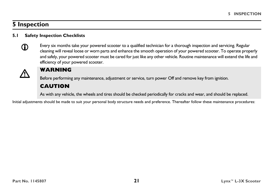 5 inspection, 1 safety inspection checklists, Warning | Caution | Invacare Lynx L-3X User Manual | Page 21 / 60