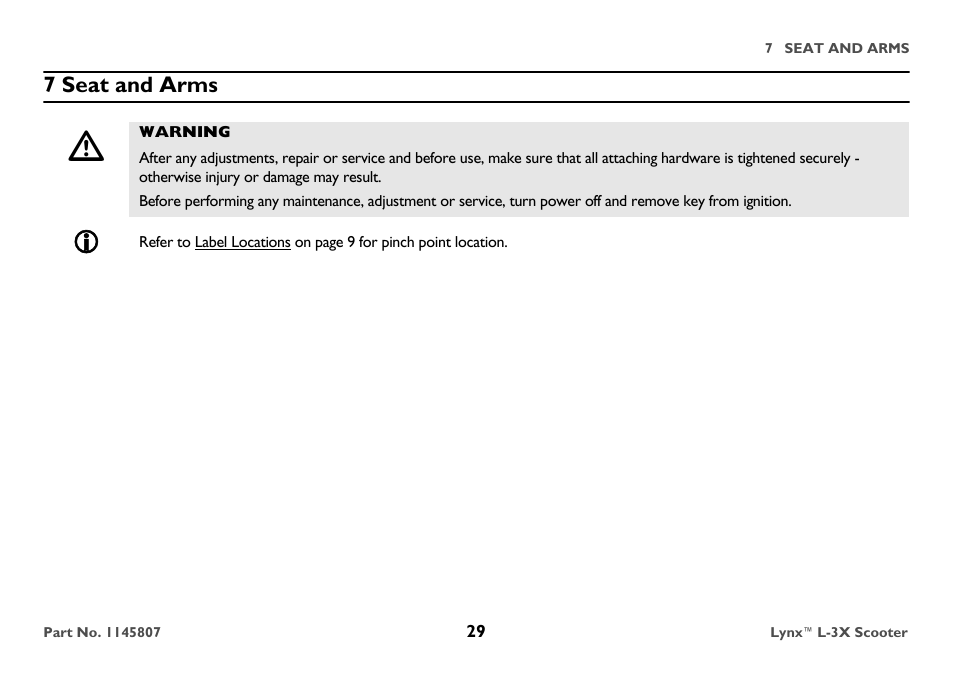 7 seat and arms, Warning | Invacare Lynx L-3X User Manual | Page 29 / 60