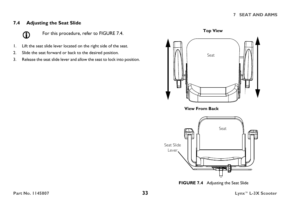 4 adjusting the seat slide, For this procedure, refer to figure 7.4, Seat | Figure 7.4 adjusting the seat slide | Invacare Lynx L-3X User Manual | Page 33 / 60