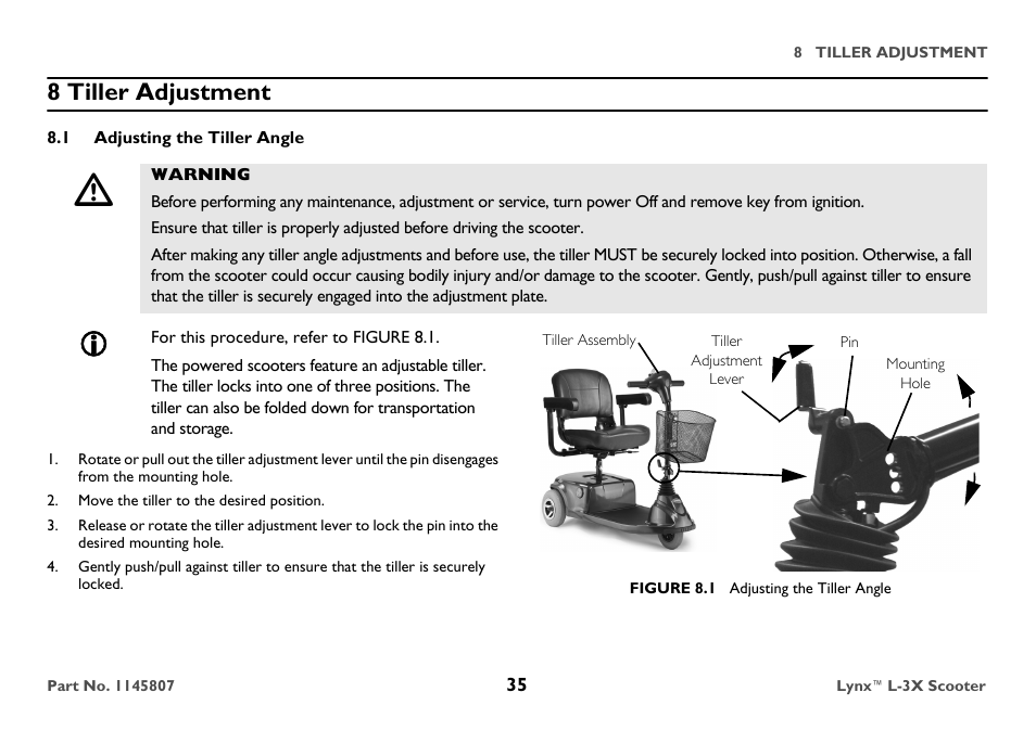 8 tiller adjustment, 1 adjusting the tiller angle, Warning | For this procedure, refer to figure 8.1, Move the tiller to the desired position, Tiller adjustment lever, Figure 8.1 adjusting the tiller angle | Invacare Lynx L-3X User Manual | Page 35 / 60