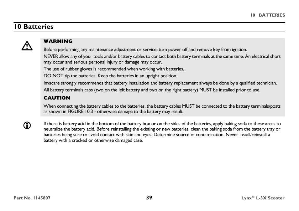 10 batteries, Warning, Caution | Invacare Lynx L-3X User Manual | Page 39 / 60