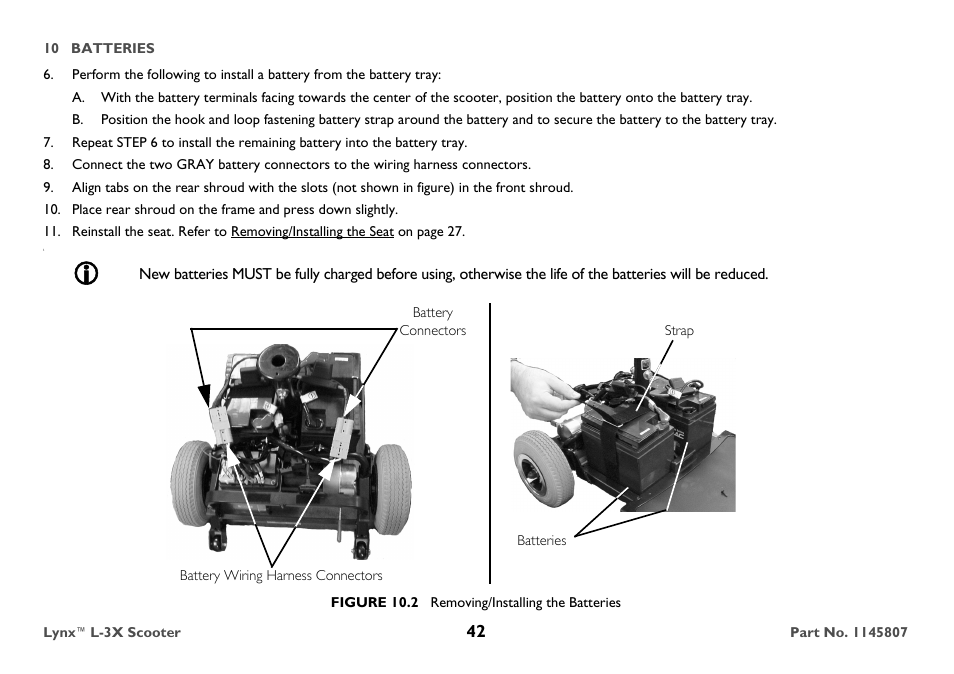 Strap, Figure 10.2 removing/installing the batteries | Invacare Lynx L-3X User Manual | Page 42 / 60