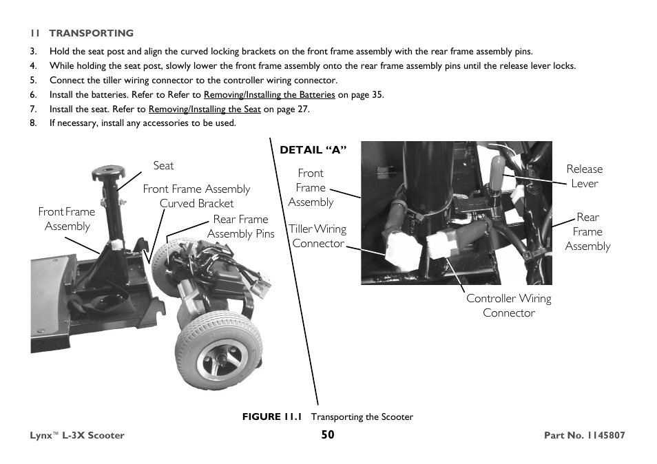 If necessary, install any accessories to be used, Release lever, Figure 11.1 transporting the scooter | Invacare Lynx L-3X User Manual | Page 50 / 60