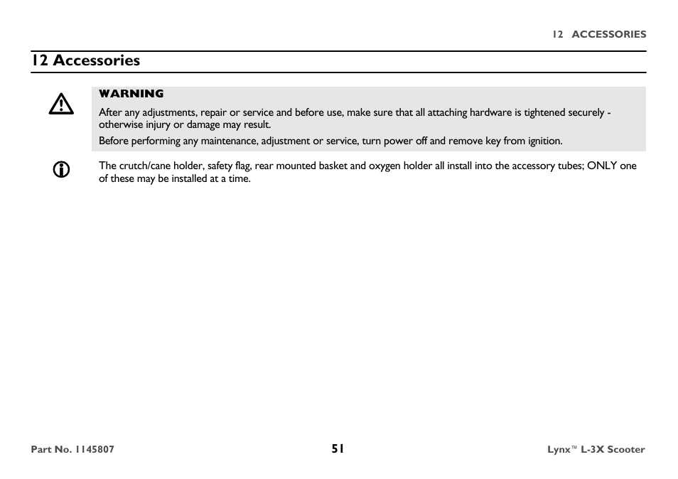 12 accessories, Warning | Invacare Lynx L-3X User Manual | Page 51 / 60