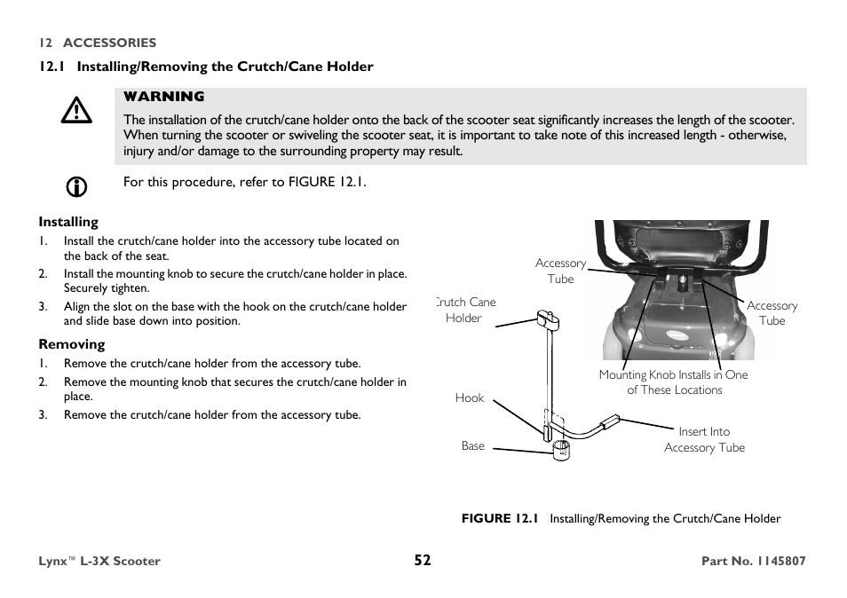 1 installing/removing the crutch/cane holder, Warning, For this procedure, refer to figure 12.1 | Installing, Removing, Accessory tube | Invacare Lynx L-3X User Manual | Page 52 / 60