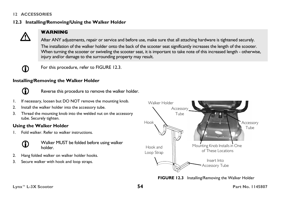 3 installing/removing/using the walker holder, Warning, For this procedure, refer to figure 12.3 | Installing/removing the walker holder, Reverse this procedure to remove the walker holder, Install the walker holder into the accessory tube, Using the walker holder, Fold walker. refer to walker instructions, Walker must be folded before using walker holder, Hang folded walker on walker holder hooks | Invacare Lynx L-3X User Manual | Page 54 / 60