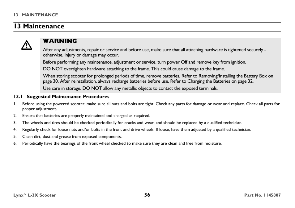 13 maintenance, Warning, 1 suggested maintenance procedures | Invacare Lynx L-3X User Manual | Page 56 / 60