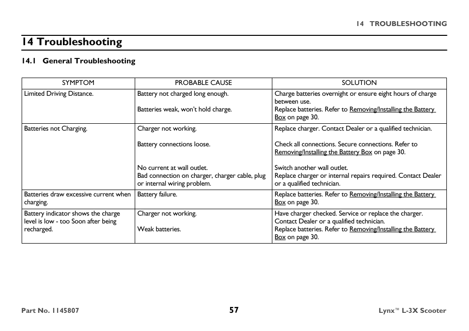 14 troubleshooting, 1 general troubleshooting, Symptom | Probable cause, Solution | Invacare Lynx L-3X User Manual | Page 57 / 60