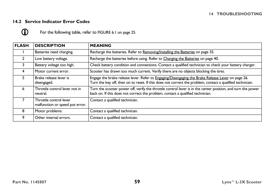 2 service indicator error codes, Flash, Description | Meaning, Refer | Invacare Lynx L-3X User Manual | Page 59 / 60