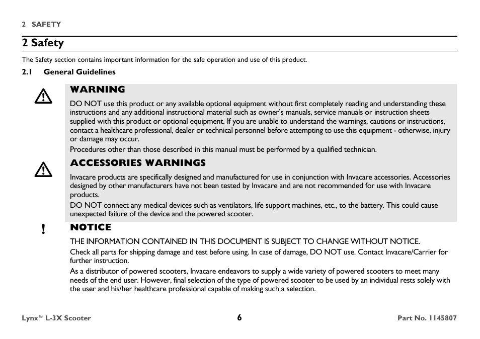2 safety, 1 general guidelines, Warning | Accessories warnings, Notice | Invacare Lynx L-3X User Manual | Page 6 / 60