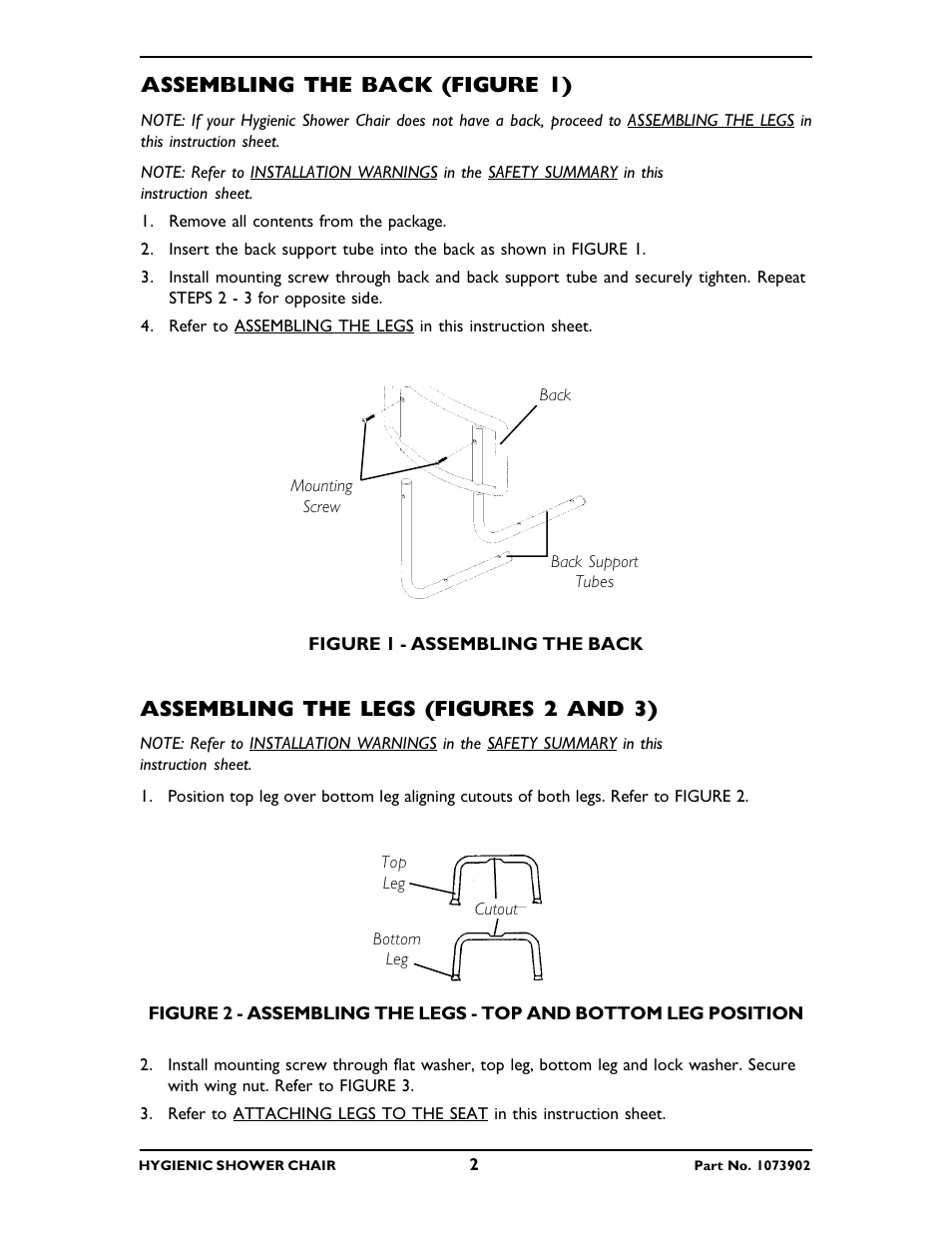 Assembling the back (figure 1), Assembling the legs (figures 2 and 3) | Invacare 1363 User Manual | Page 2 / 8