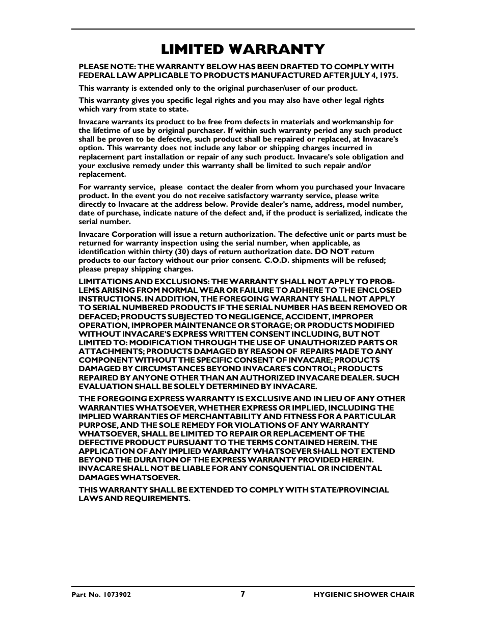 Limited warranty | Invacare 1363 User Manual | Page 7 / 8