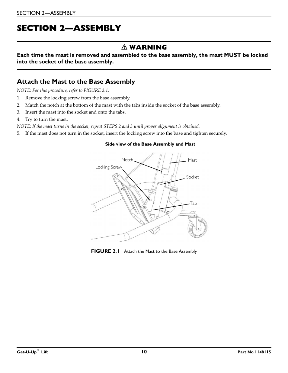 Section 2— assembly, Attach the mast to the base assembly, Ƽ warning | Invacare GET-U-UP LIFT User Manual | Page 10 / 28