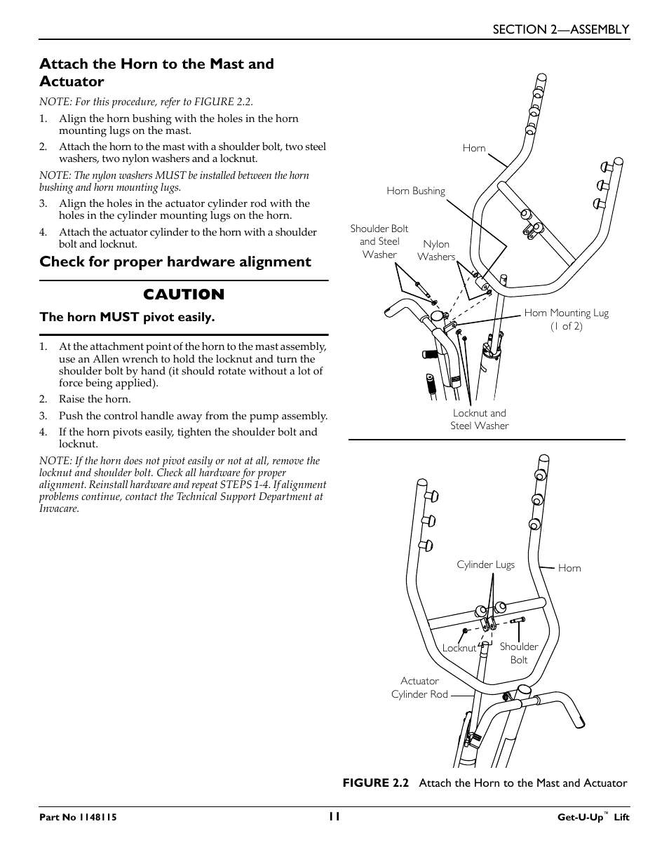 Attach the horn to the mast and actuator, Check for proper hardware alignment, Check for proper hardware alignment caution | Invacare GET-U-UP LIFT User Manual | Page 11 / 28