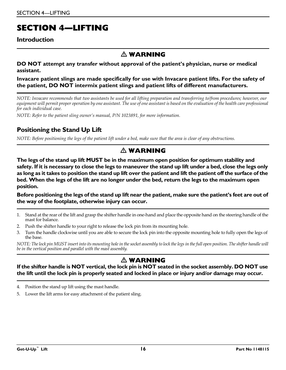 Section 4— lifting, Introduction, Positioning the stand up lift | Lifting the patient, Introduction ƽ warning, Ƽ warning | Invacare GET-U-UP LIFT User Manual | Page 16 / 28