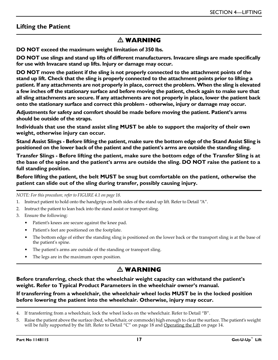 Lifting the patient, Lifting the patient ƽ warning, Ƽ warning | Invacare GET-U-UP LIFT User Manual | Page 17 / 28