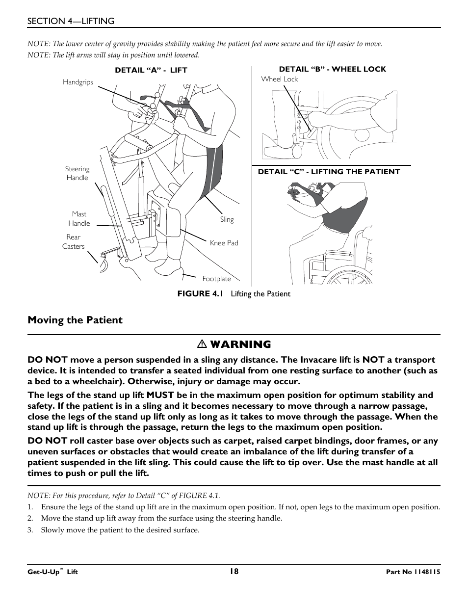 Moving the patient, Moving the patient ƽ warning | Invacare GET-U-UP LIFT User Manual | Page 18 / 28