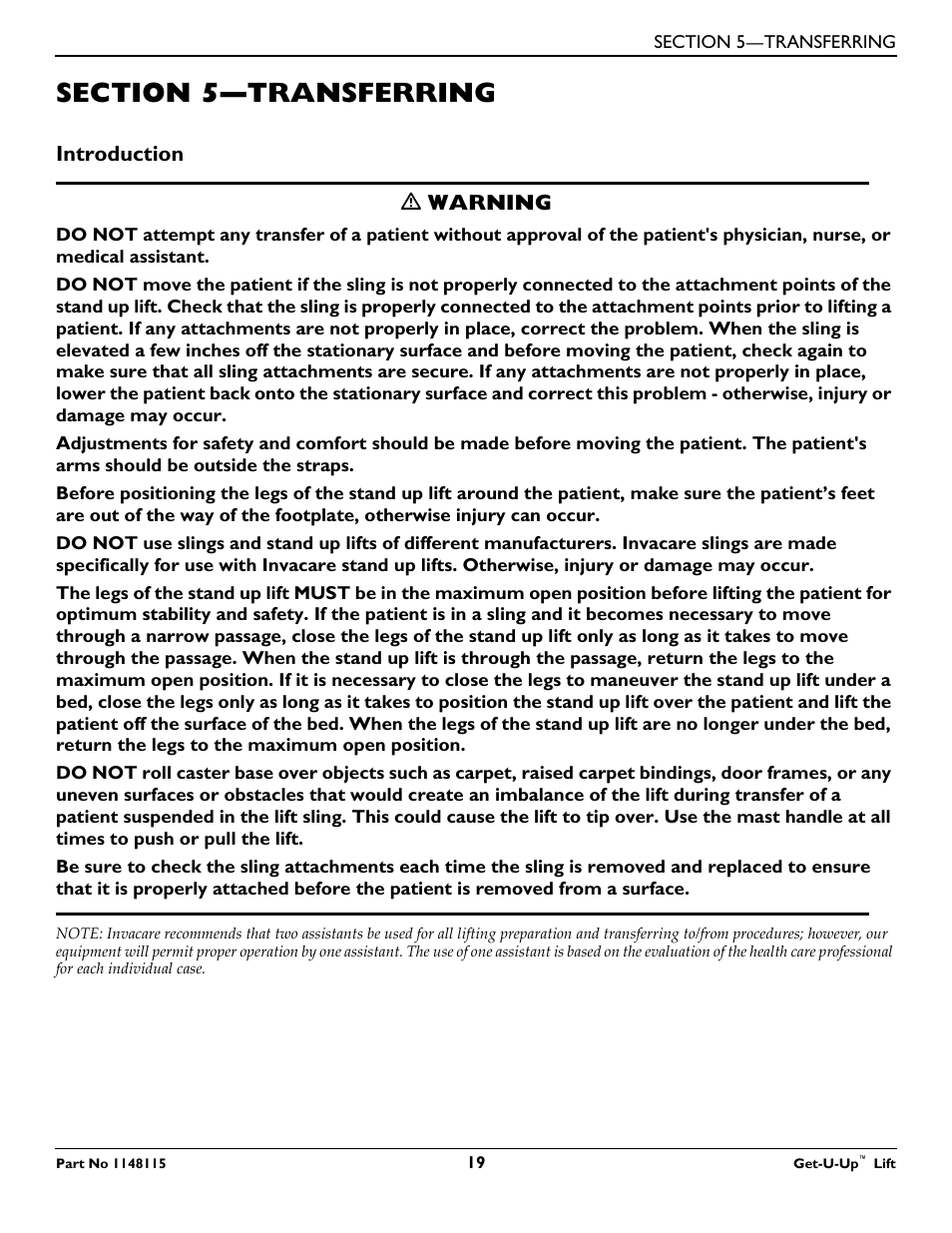 Section 5— transferring, Introduction, Section 5—transferring | Invacare GET-U-UP LIFT User Manual | Page 19 / 28