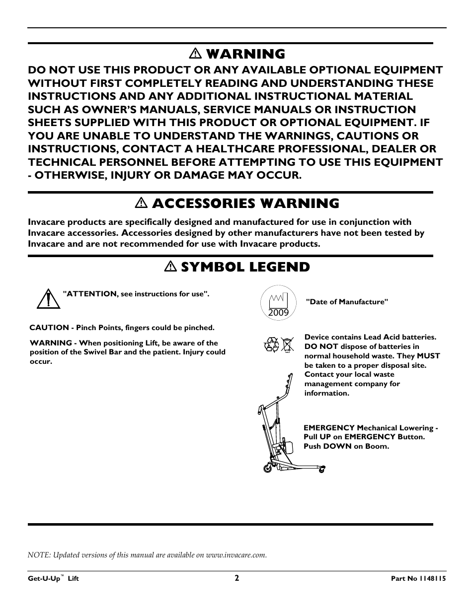 Ƽ warning, Ƽ accessories warning, Ƽ symbol legend | Invacare GET-U-UP LIFT User Manual | Page 2 / 28