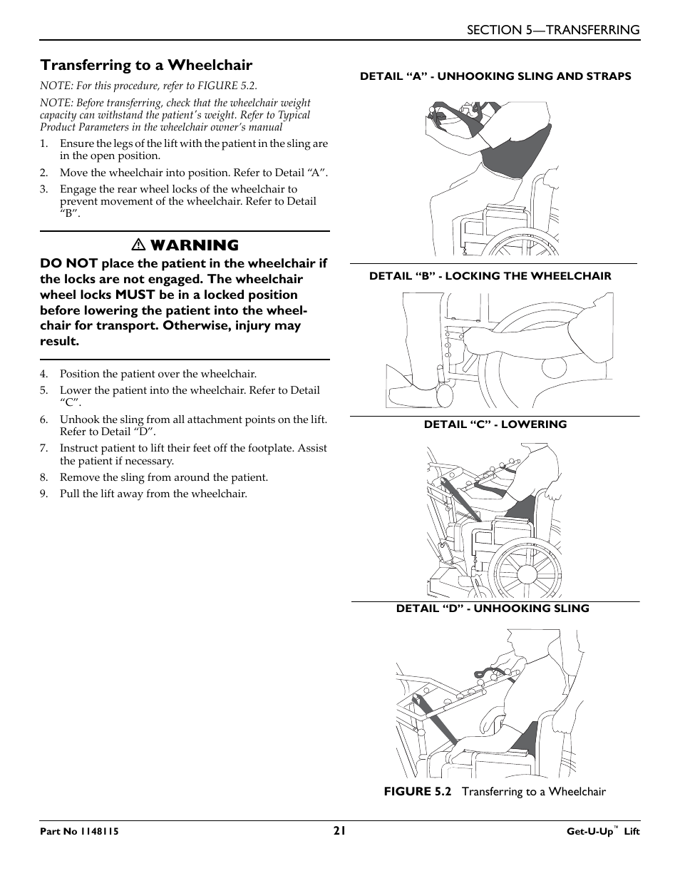 Transferring to a wheelchair, Ƽ warning | Invacare GET-U-UP LIFT User Manual | Page 21 / 28