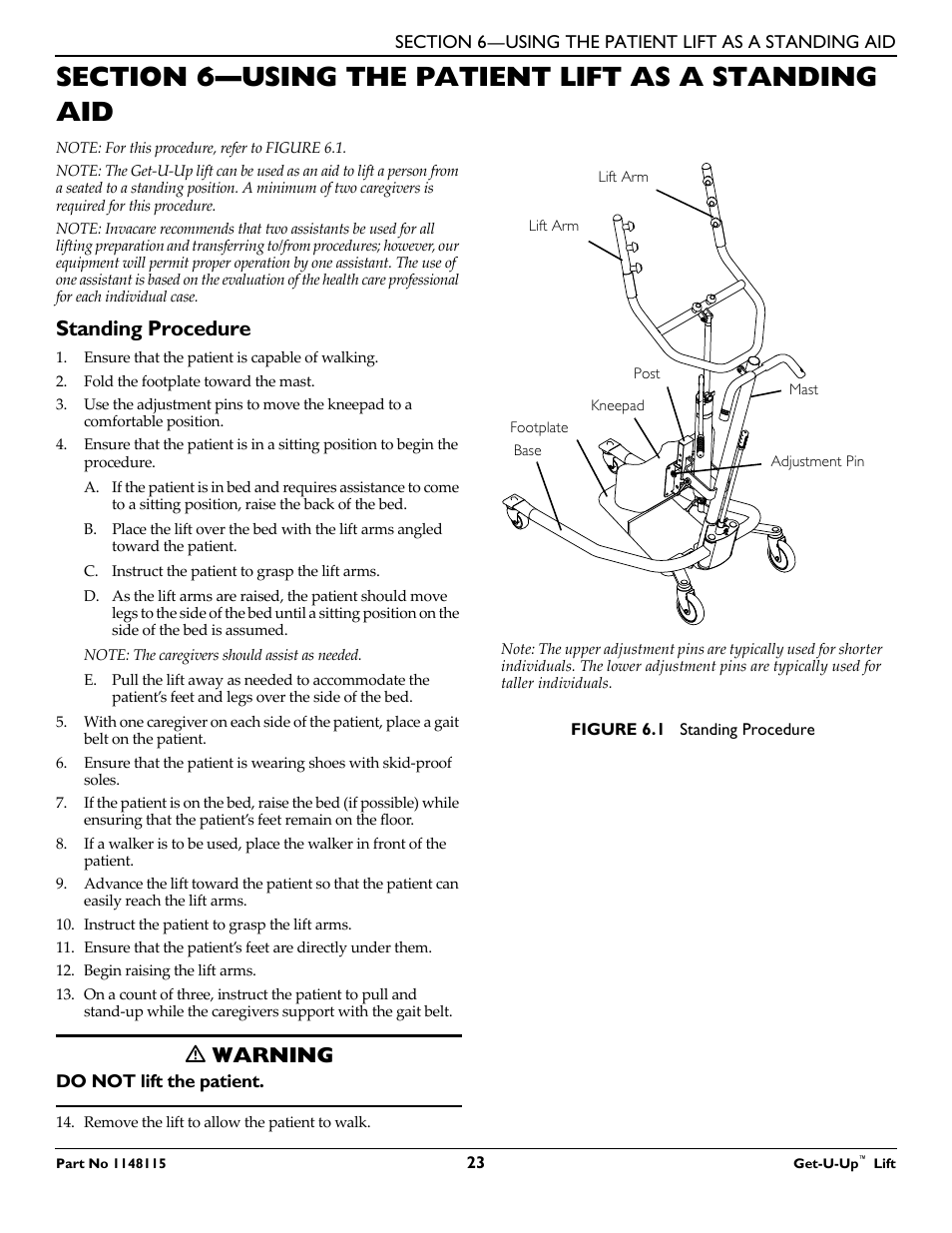 Standing procedure, Section 6—using lift as a standing aid, Ƽ warning | Invacare GET-U-UP LIFT User Manual | Page 23 / 28