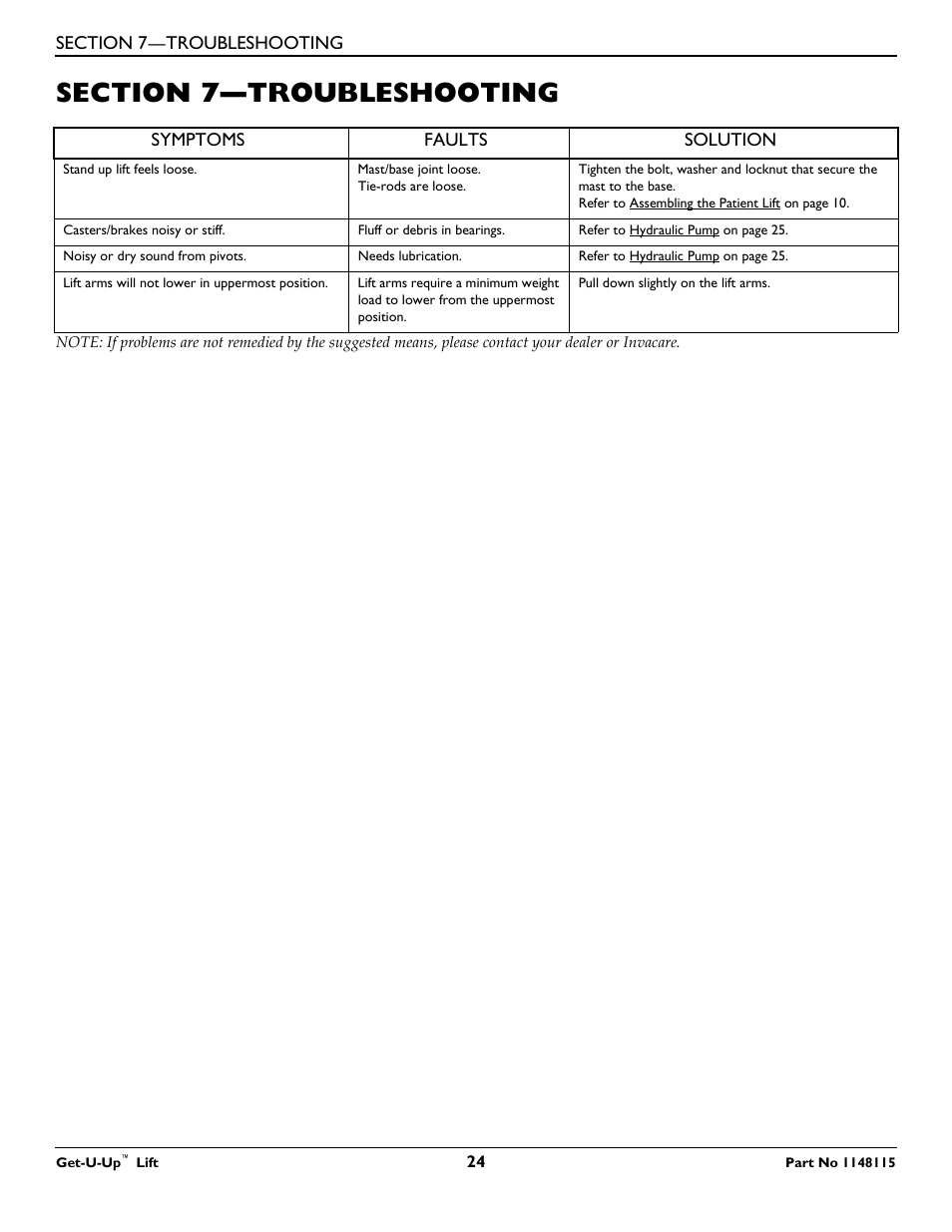 Section 7— troubleshooting, Section 7—troubleshooting | Invacare GET-U-UP LIFT User Manual | Page 24 / 28