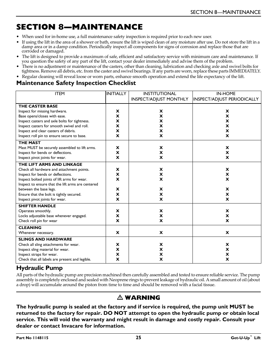 Section 8— maintenance, Maintenance safety inspection checklist, Hydraulic pump | Section 8—maintenance, Ƽ warning | Invacare GET-U-UP LIFT User Manual | Page 25 / 28