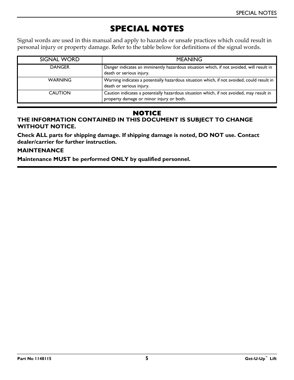 Special notes, Notice | Invacare GET-U-UP LIFT User Manual | Page 5 / 28