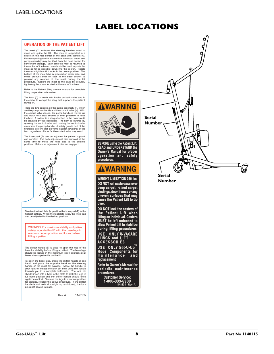 Label locations, Serial number | Invacare GET-U-UP LIFT User Manual | Page 6 / 28