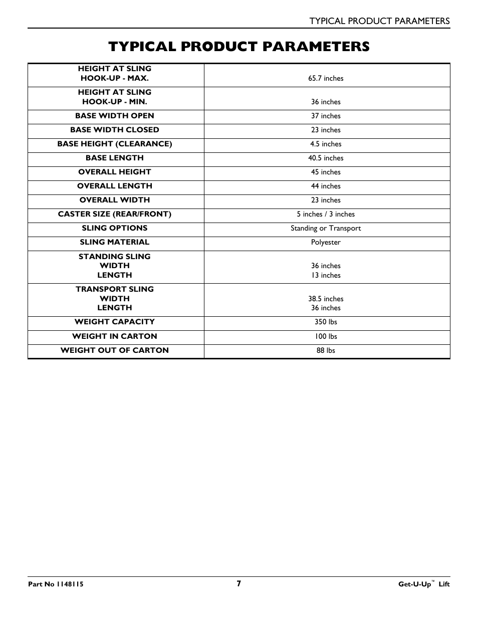 Typical product parameters | Invacare GET-U-UP LIFT User Manual | Page 7 / 28