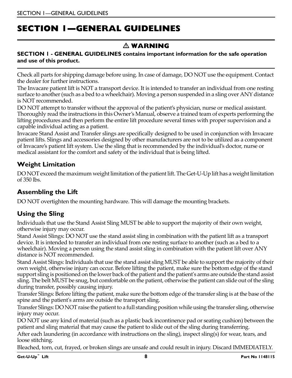 Section 1— general guidelines, Weight limitation, Assembling the lift | Using the sling, Section 1—general guidelines | Invacare GET-U-UP LIFT User Manual | Page 8 / 28