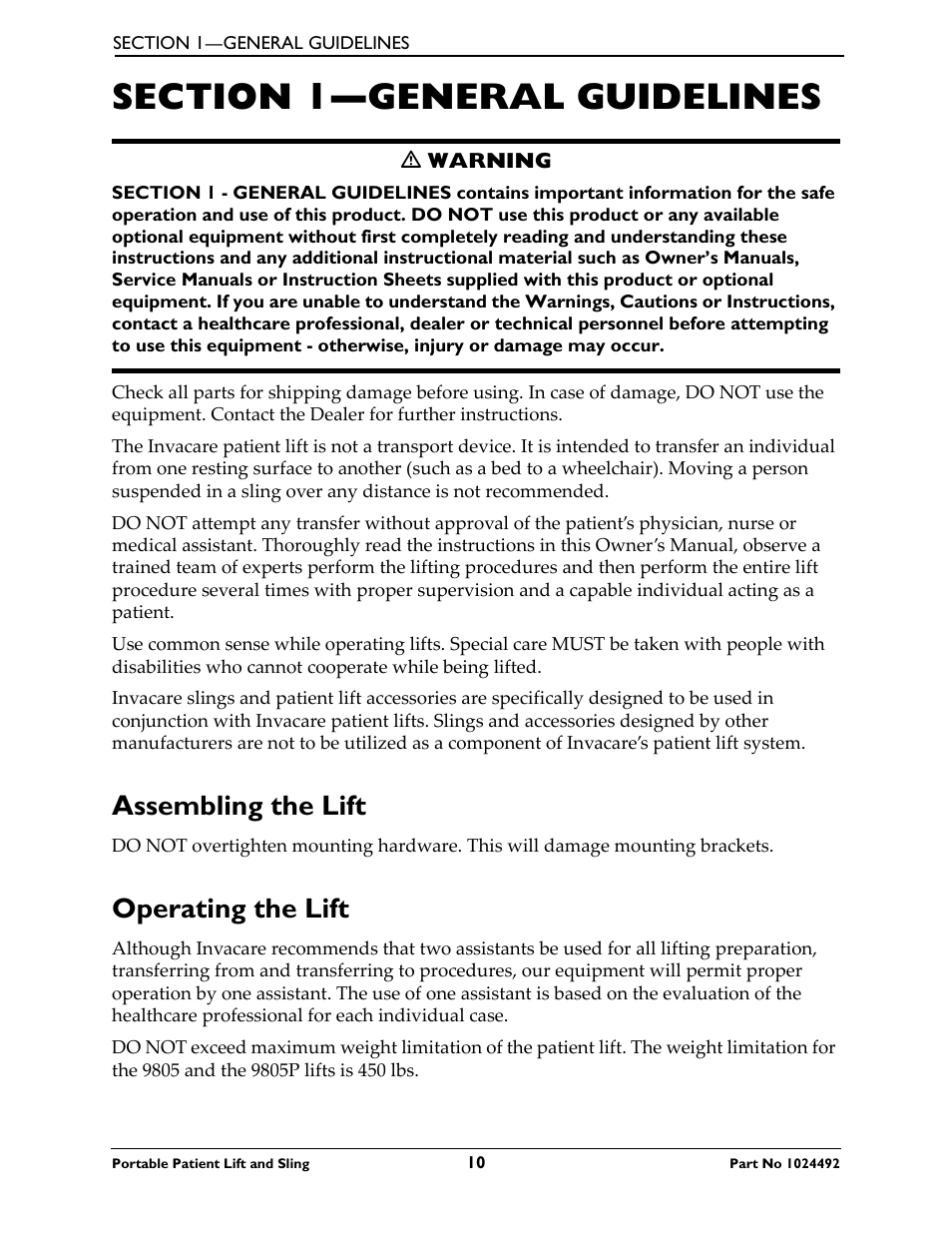 Section 1- general guidelines, Assembling the lift, Operating the lift | Section 1—general guidelines, Assembling the lift operating the lift | Invacare 9805P User Manual | Page 10 / 44