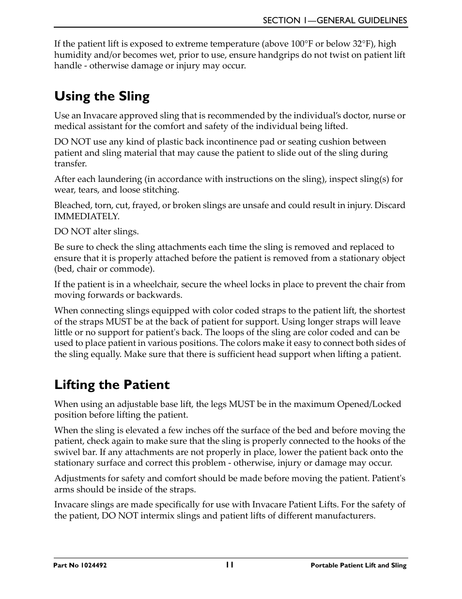 Using the sling, Lifting the patient, Using the sling lifting the patient | Invacare 9805P User Manual | Page 11 / 44