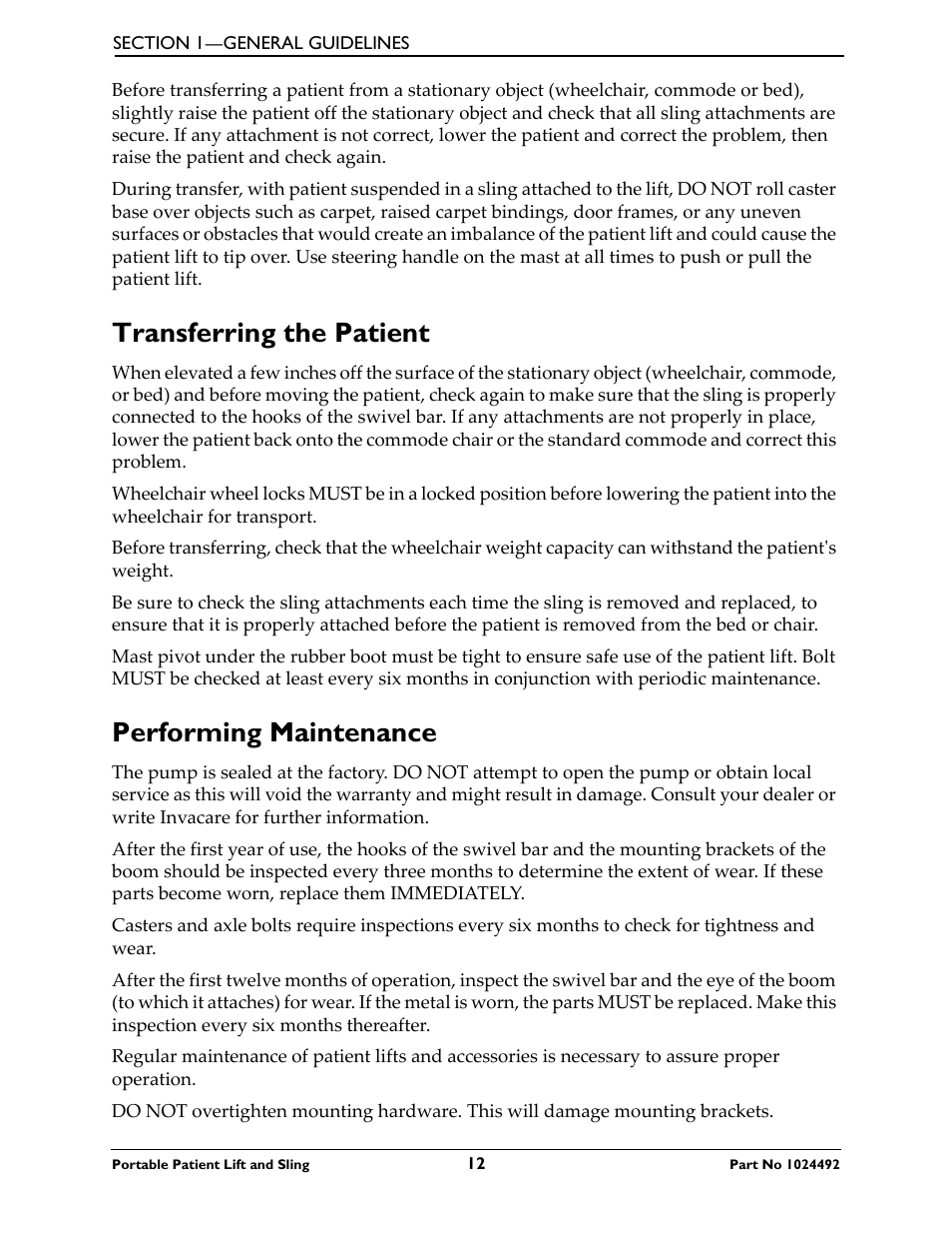 Transferring the patient, Performing maintenance, Transferring the patient performing maintenance | Invacare 9805P User Manual | Page 12 / 44