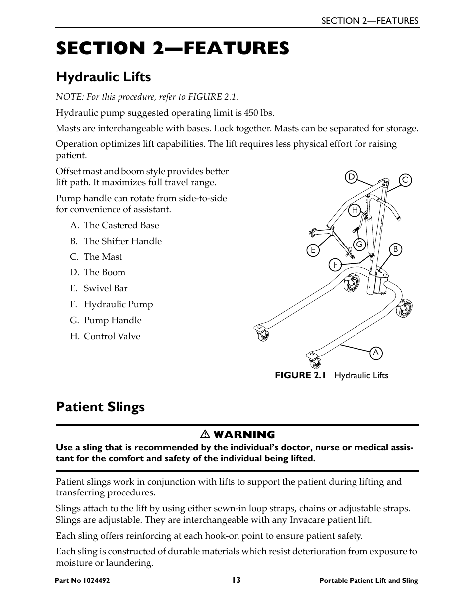 Section 2- features, Hydraulic lifts, Patient slings | Section 2—features, Hydraulic lifts patient slings | Invacare 9805P User Manual | Page 13 / 44