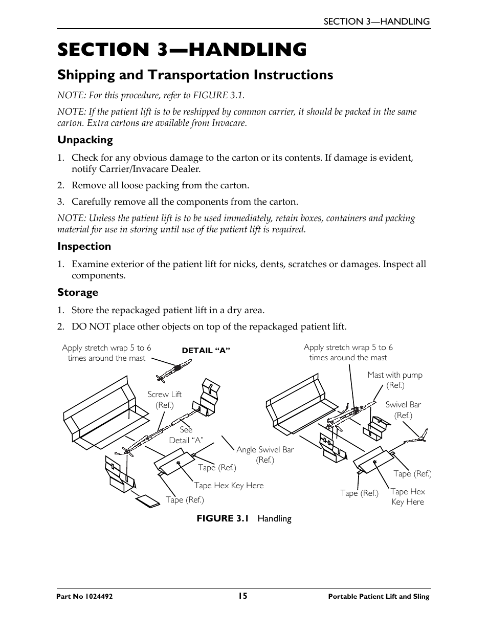 Section 3- handling, Shipping and transportation instructions, Unpacking | Inspection, Storage, Section 3—handling | Invacare 9805P User Manual | Page 15 / 44