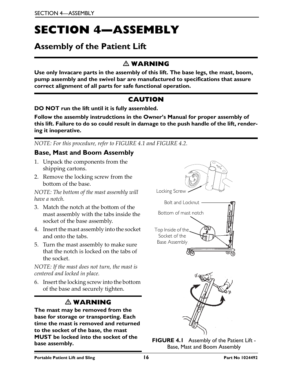 Section 4- assembly, Assembly of the patient lift, Base, mast and boom assembly | Section 4—assembly | Invacare 9805P User Manual | Page 16 / 44