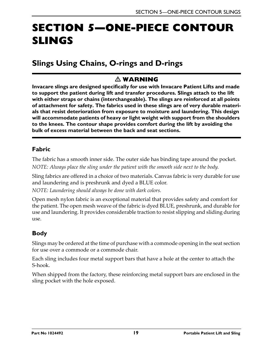 Section 5- one-piece contour slings, Slings using chains, o-rings and d-rings, Fabric | Body, Section 5—one-piece contour slings | Invacare 9805P User Manual | Page 19 / 44